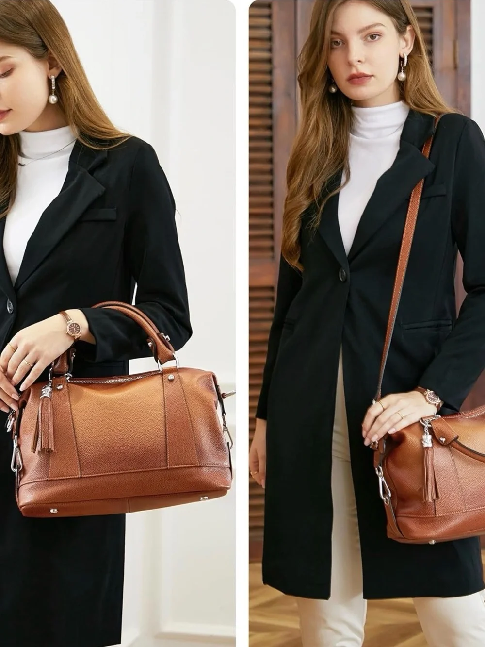 Women’s Genuine Leather Two Tone Satchel Tote Bag Cognac Brown Crossbody